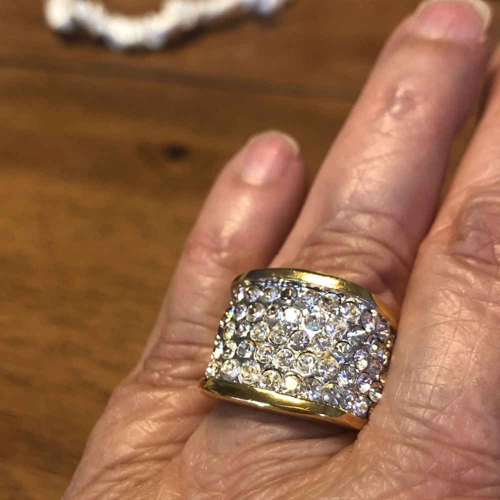 Gold-Tone Wide Crystal Statement Ring - Clear Sparkle